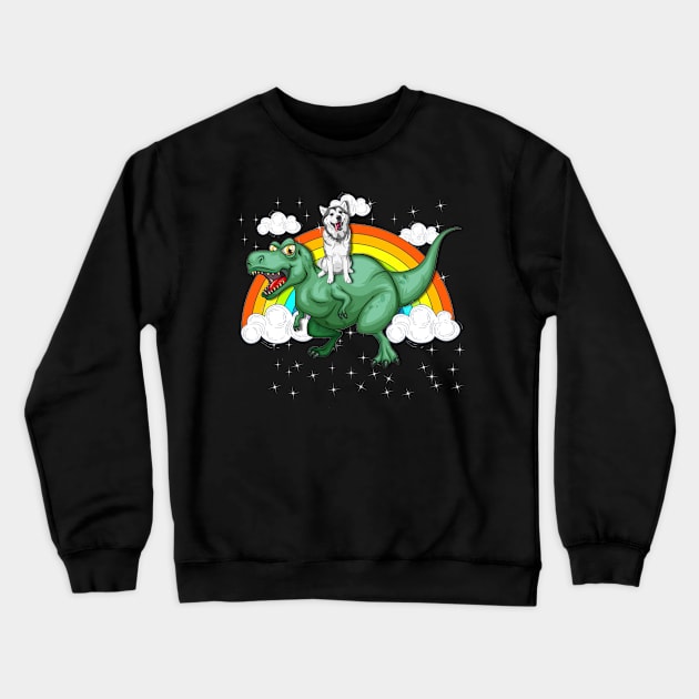 T Rex Dinosaur Riding Siberian Husky Crewneck Sweatshirt by LaurieAndrew